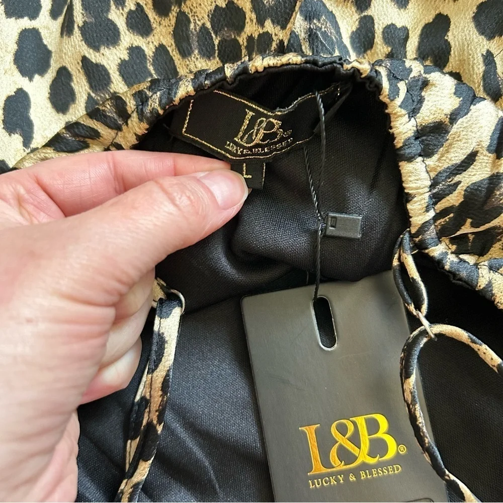 NWT L&B Leopard Satin Mini Dress Size Large Ruffles Festival Cocktail Party Boho - Picture 3 of 10